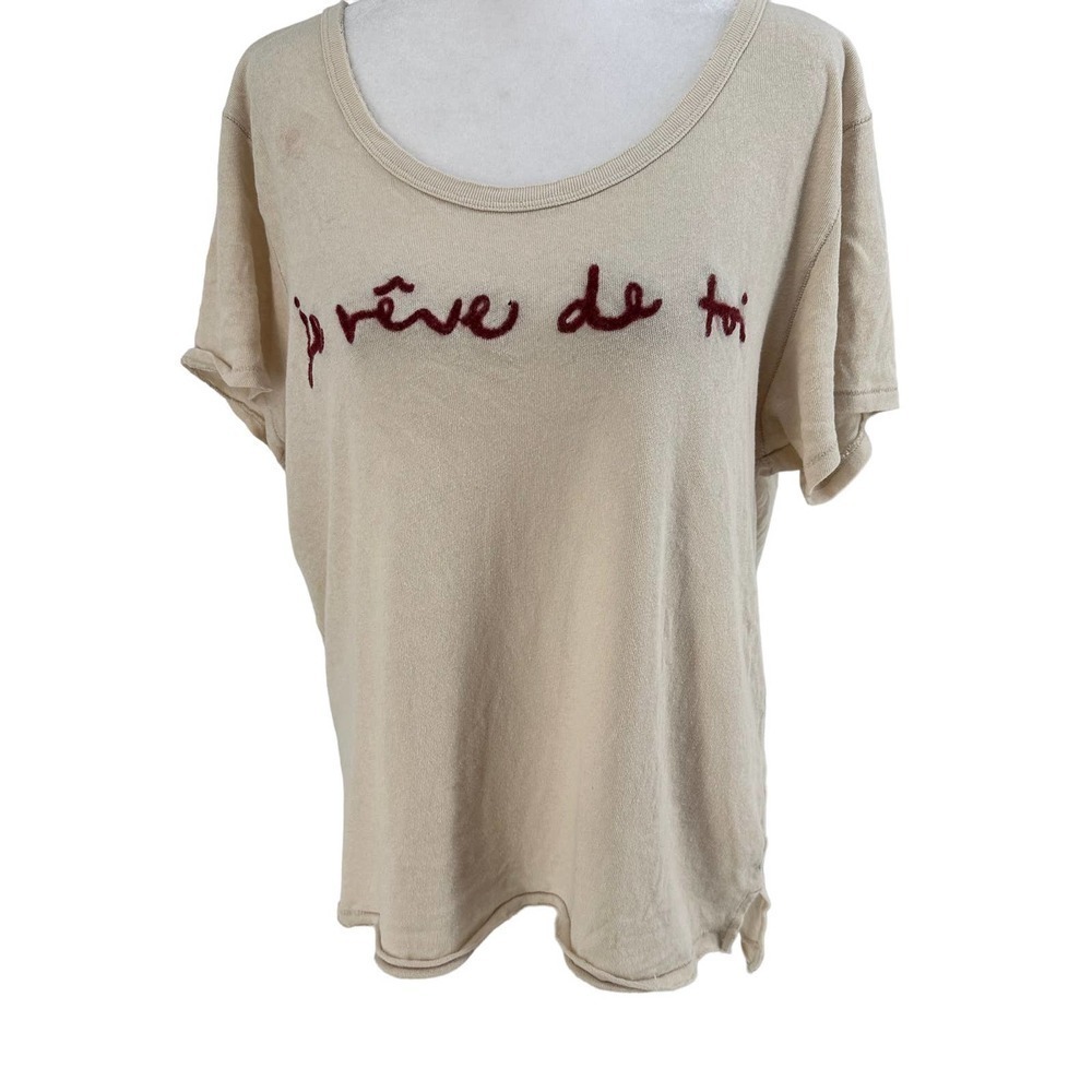 Free People Je Reve De Toi Appliqué Tee top shirt 100% Cotton Cream Size Small